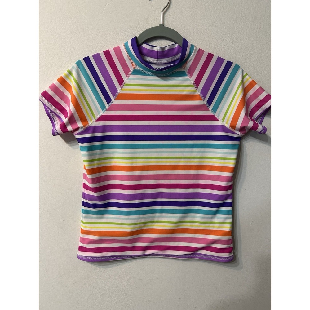 Lands End Girls Rash Guard Size 16 Swim Shirt Short Sleeve Rainbow Stripe UPF 50